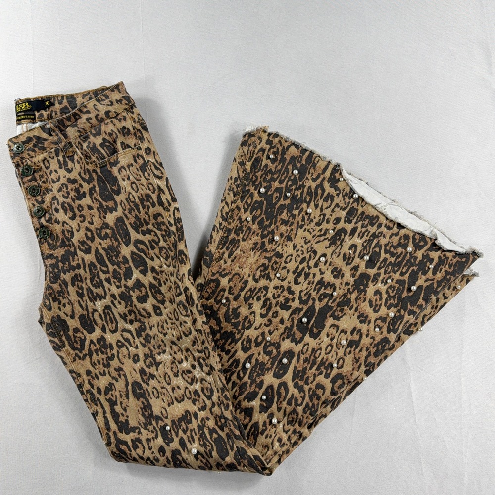 Lucky &‎ Blessed High Rise Flare Jeans Leopard Pearl Embellished Womens 10